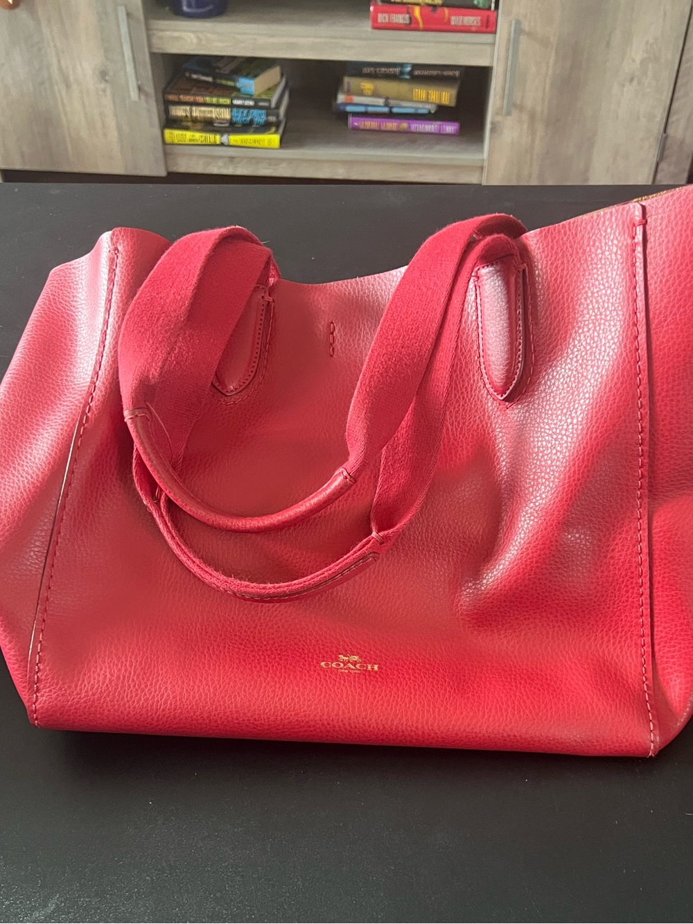 Coach Red Pebble Leather Tote with Double Handles